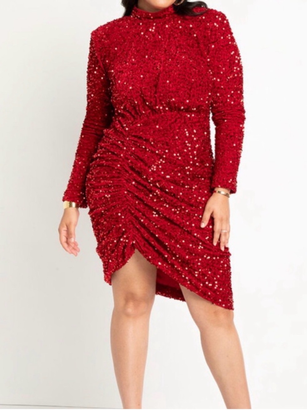 Eloquii Red Sequin Ruched Long-Sleeve Dress